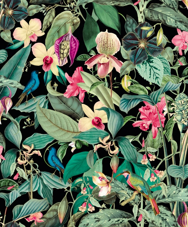 Vliesbehang in zwart, groene bladeren bloemen bloemige natuur  