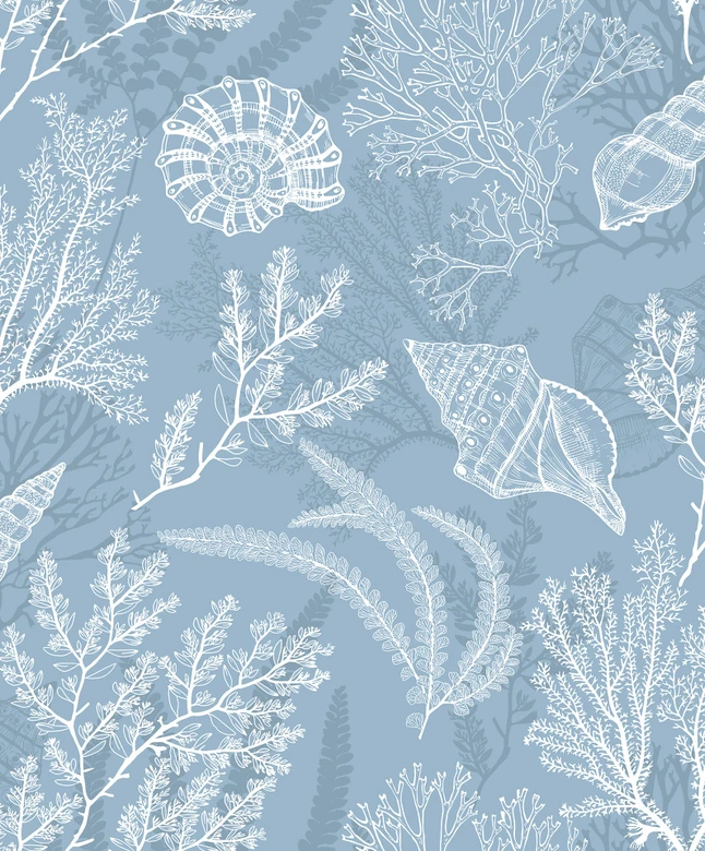 Papier peint intissé en blanc, bleu coquillages sous-marins graphique nature  