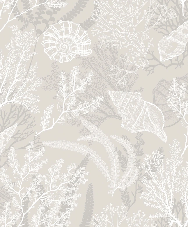 Vliestapete in weiß, beige Muscheln Unterwasser Grafisch Natur  