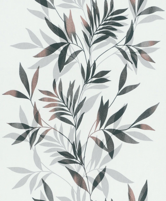 Tapeta z włókniny w kolorze białym, z czarnym motywem liści o kwiatowym charakterze  