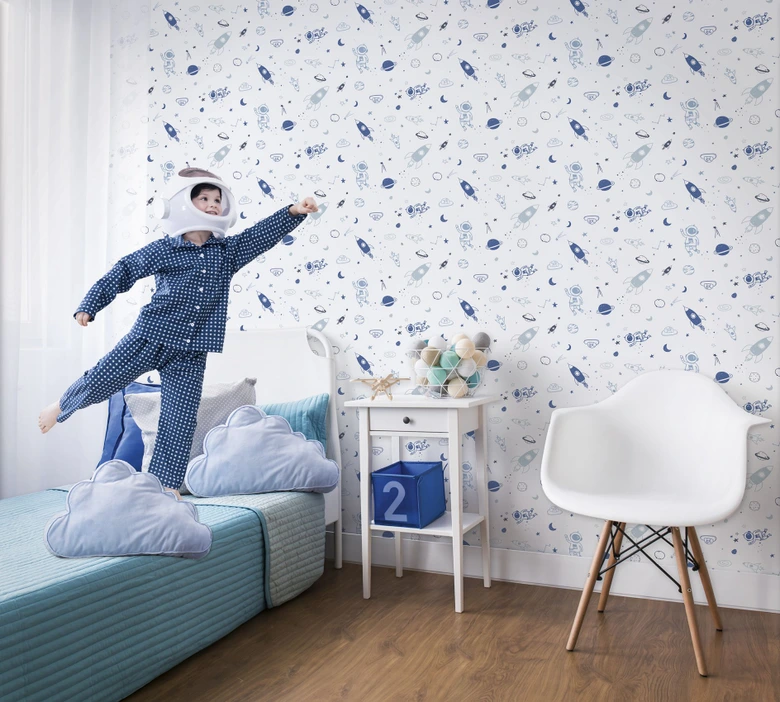 Kindertapete, Vliestapete mit Illustration Kids Walls weiß, blau 