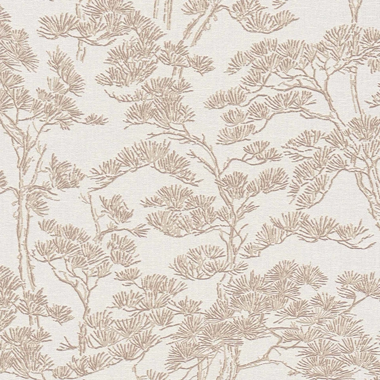 Papel pintado no tejido Lin Zen Branches beige blanco con ramas asiatico - arboles marrones papel pintado bosque ramas 