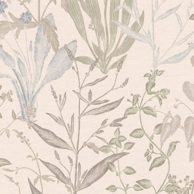 Vliestapete Elodie Maison Botanique creme grün blau - grau Blätter Gräser Kräuter Wohnzimmer 