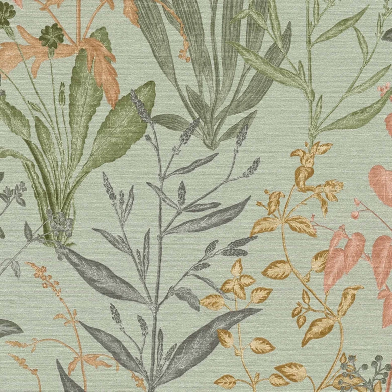Icke-vävd tapet Elodie Maison Botanique grön rosa beige - grå löv gräs örter vardagsrum 
