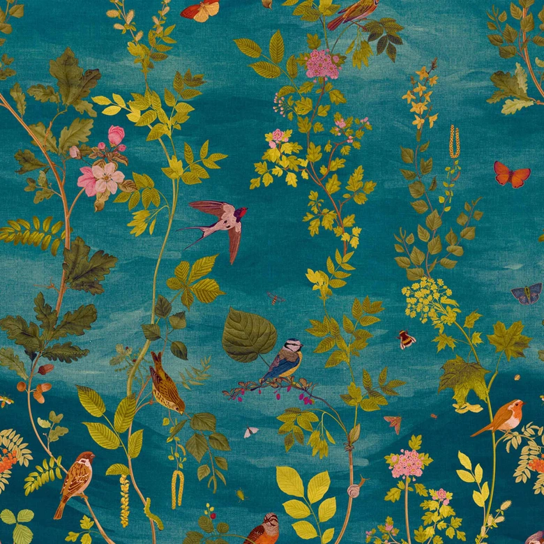 Vlies Fototapete Blätterranken Vögel Blau Grün Rosa matt erweiterbar 1,59 x 2,80 m Wandbild 
