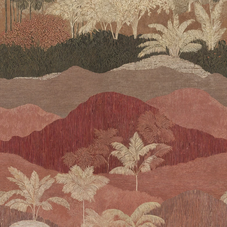 Fotobehang vlies landschap met bomen bruin crème rood mat uitrekbaar 1,59 x 2,80 m behang 