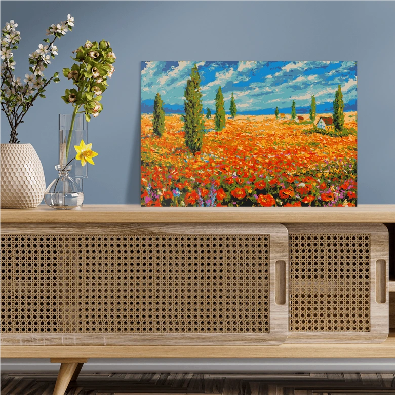 Malen nach Zahlen Leinwandbild - Blumen Landschaft mit Zypressen  