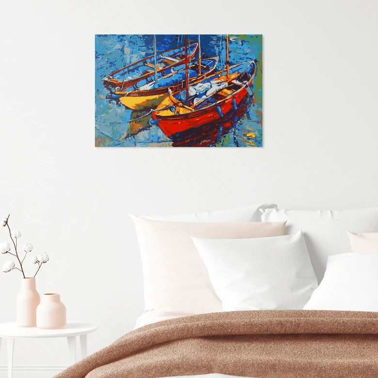 Malen nach Zahlen Leinwandbild - Segelboote im farbenfrohen Hafen  