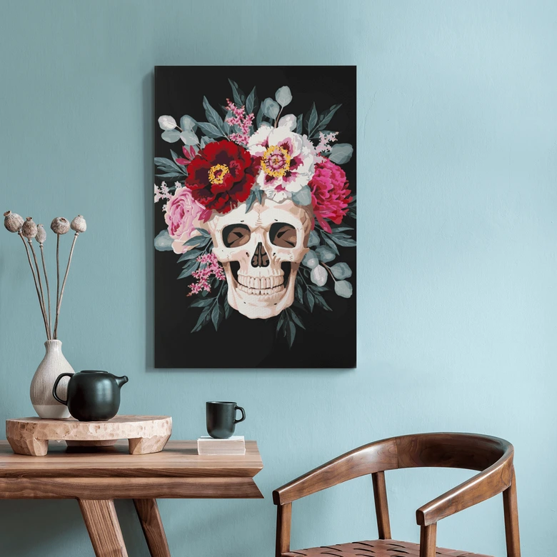 Malen nach Zahlen Leinwandbild - Schädel Blumen  