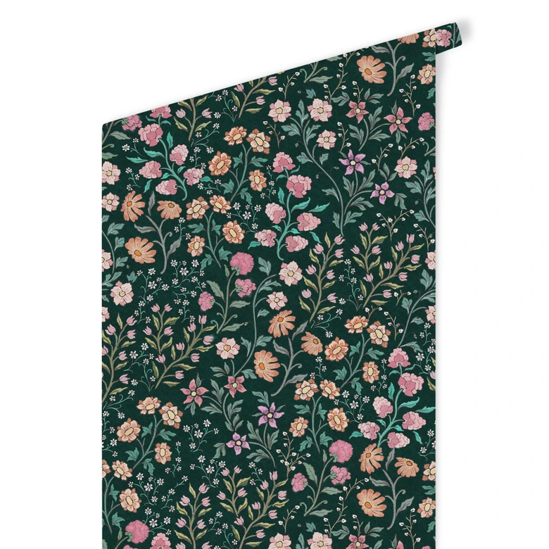 Florale Mustertapete Wiesenblumen Vintage - Dunkelgrün - Bloomery Decor 