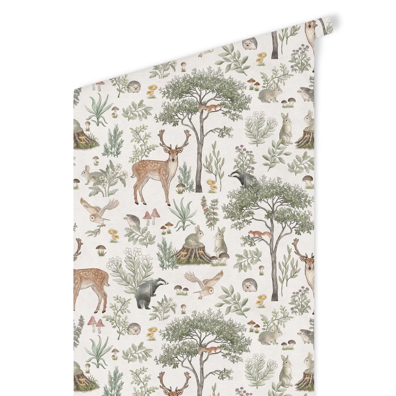 Mustertapete Bezaubernder Wald mit Tieren - Vintage creme - Kikki Belle 