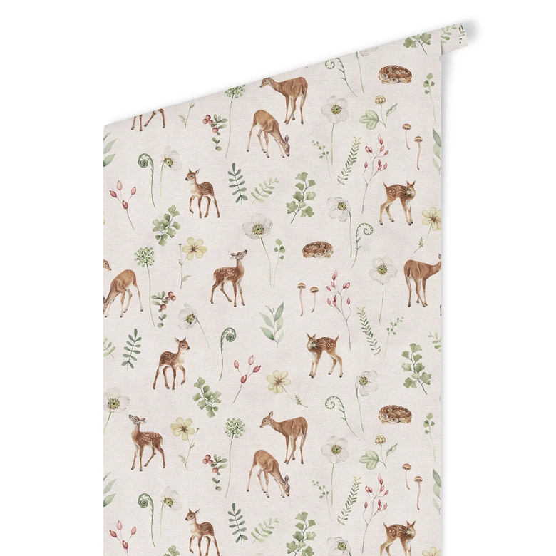 Mustertapete Kleine Rehe zwischen Blumen - Kikki Belle 
