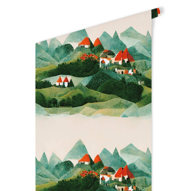 Papier peint à motifs Treechild - Petit village au milieu de collines verdoyantes 