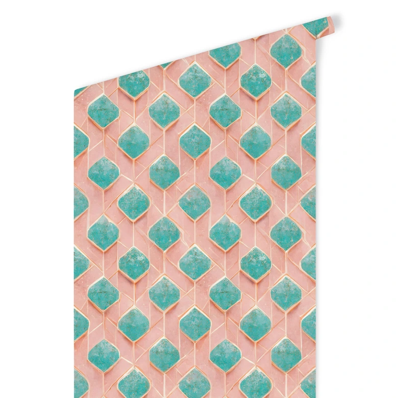 Patroonbehang in turquoise en roze - Treechild 