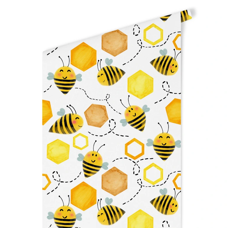 Mustertapete für das Kinderzimmer - Süße Bienen mit Waben - UN Designs 