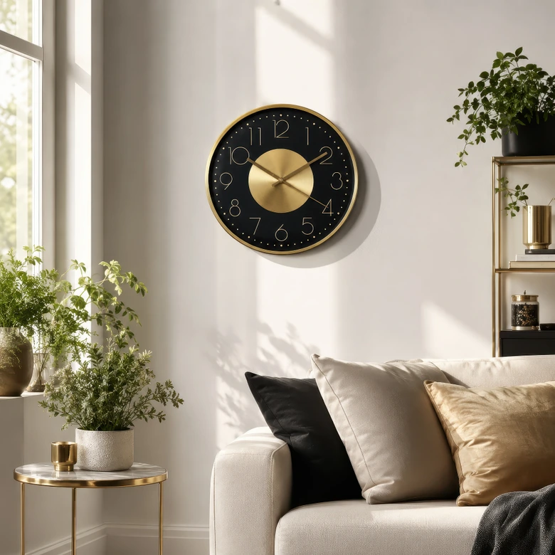Moderne Wanduhr aus Aluminium, schwarz-gold | rund 