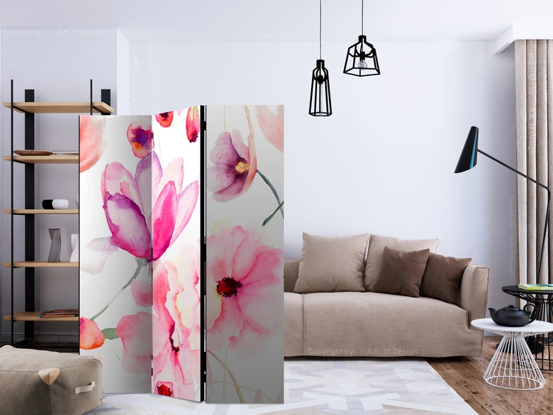 Paravent, Raumteiler freistehend, Trennwand - Blumensinfonie in Rosa 