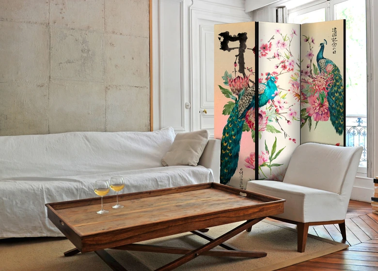 Paravent, Raumteiler freistehend, Trennwand - Pfauenliebe 