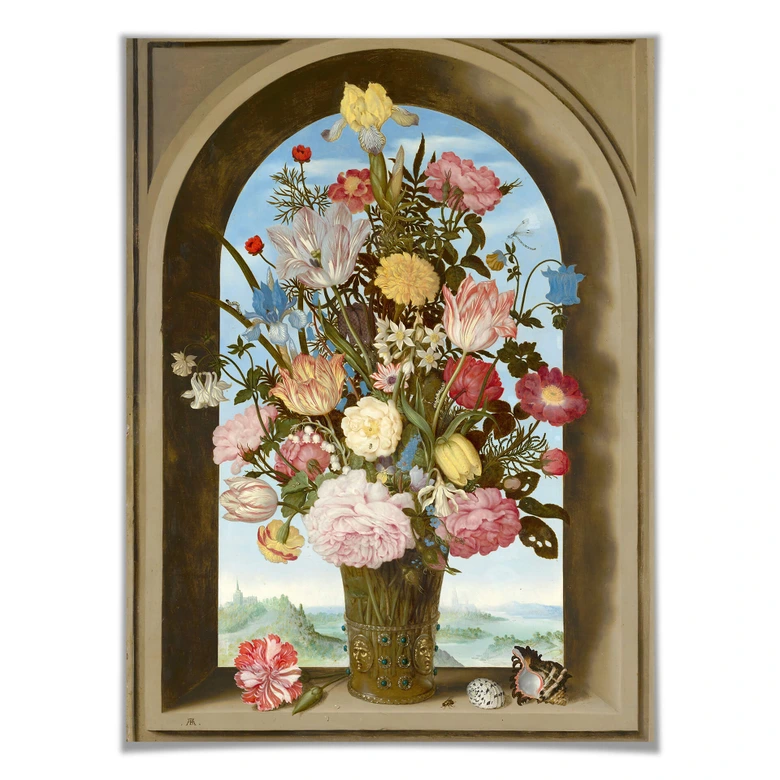 Poster Vaas met bloemen voor een raam 