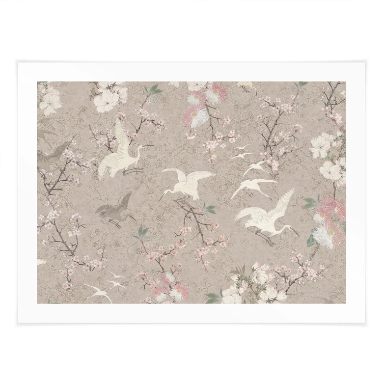 Vogelposter Kraniche im Kirschblüten-Rausch Beige - Bloomery Decor 