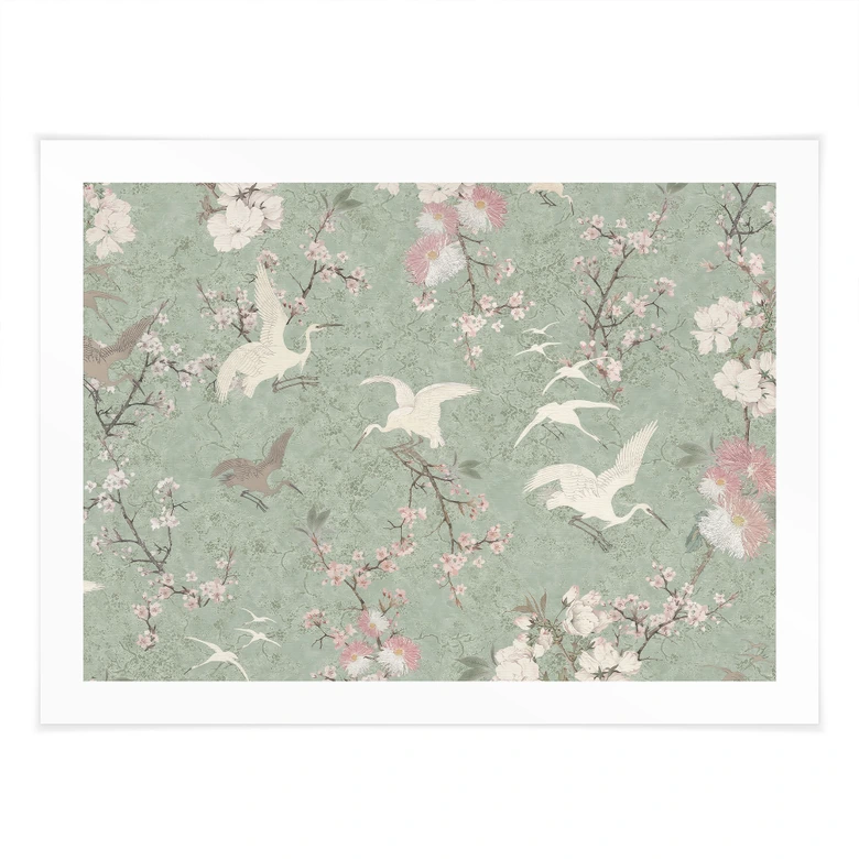 Poster Kraniche im Kirschblüten-Rausch Grün - Bloomery Decor 