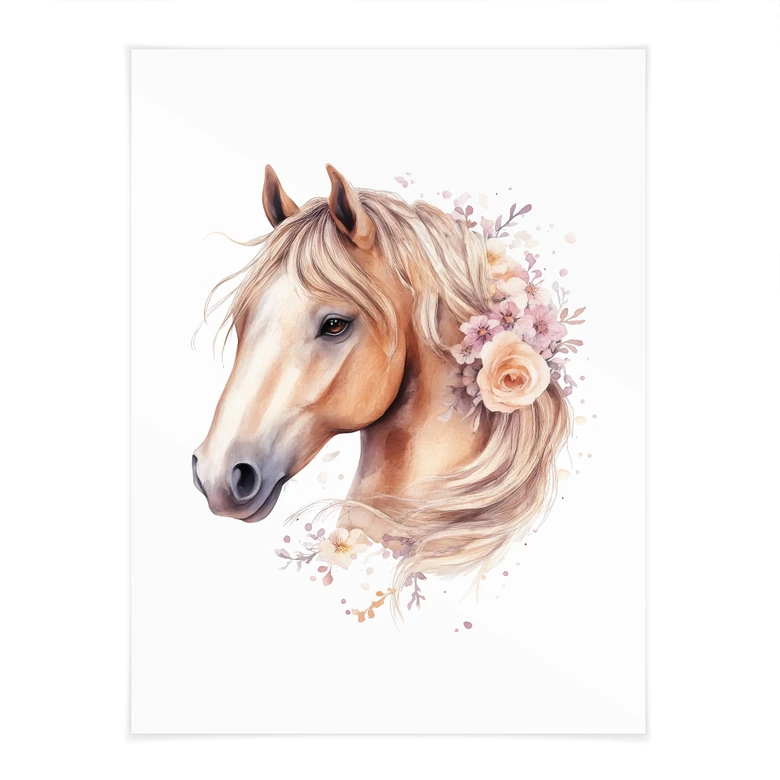 Poster Cheval Boho avec crinière de fleurs | Portrait de cheval pour la chambre d'enfant 