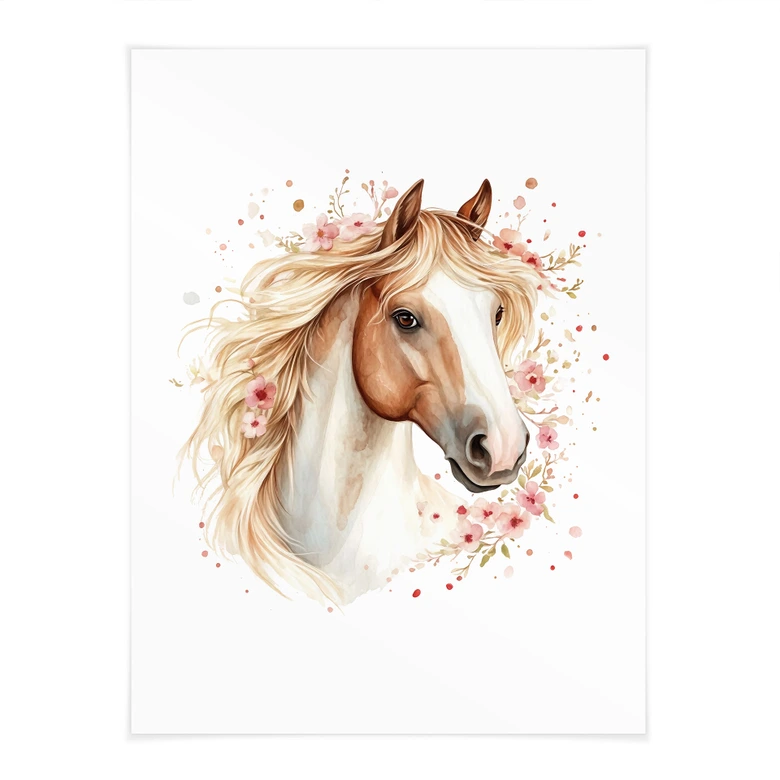 Poster Cheval Boho avec fleurs délicates | Motif cheval romantique pour chambre d'enfant 