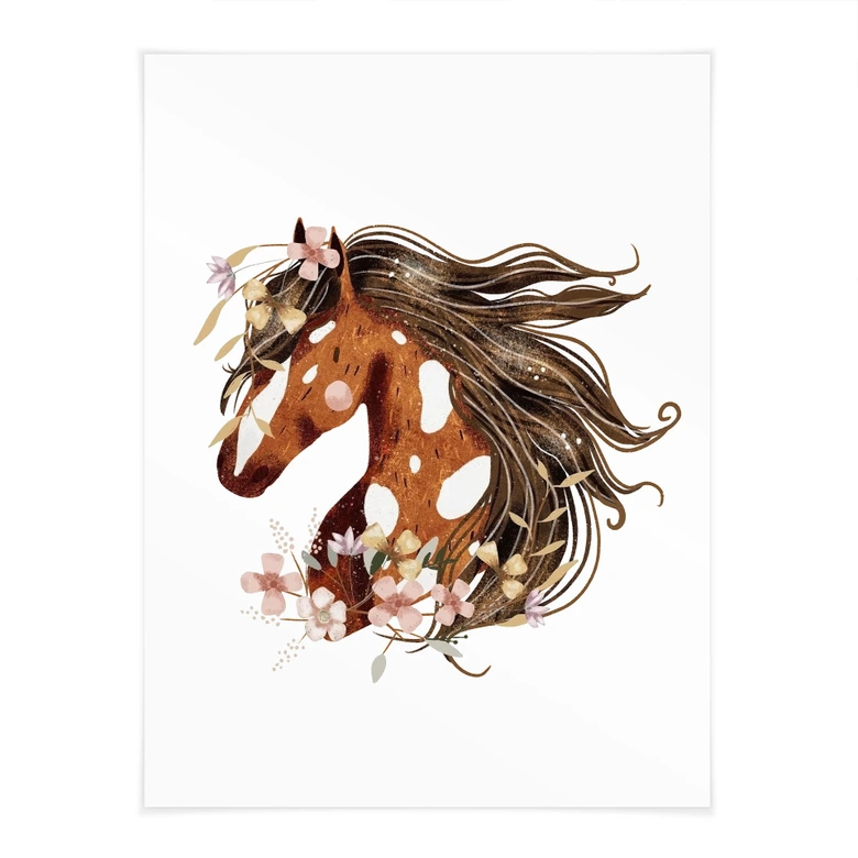Boho paardenhoofd poster met bloemenkrans | paardenmotief voor de kinderkamer 
