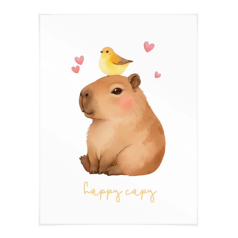 Póster para niños - Capibara con pájaro - Happy Capy 