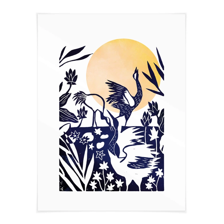 Poster Goed Blauw - Linolschnitt Kranich 