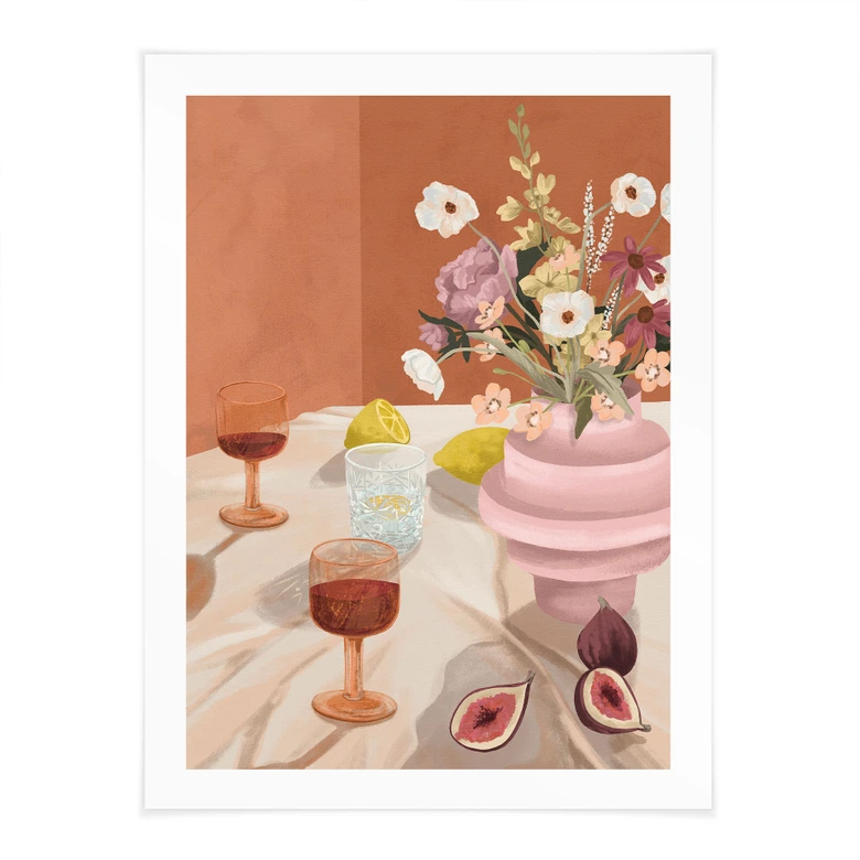 Poster Sommer Stillleben mit Blumen und Wein - Goed Blauw 
