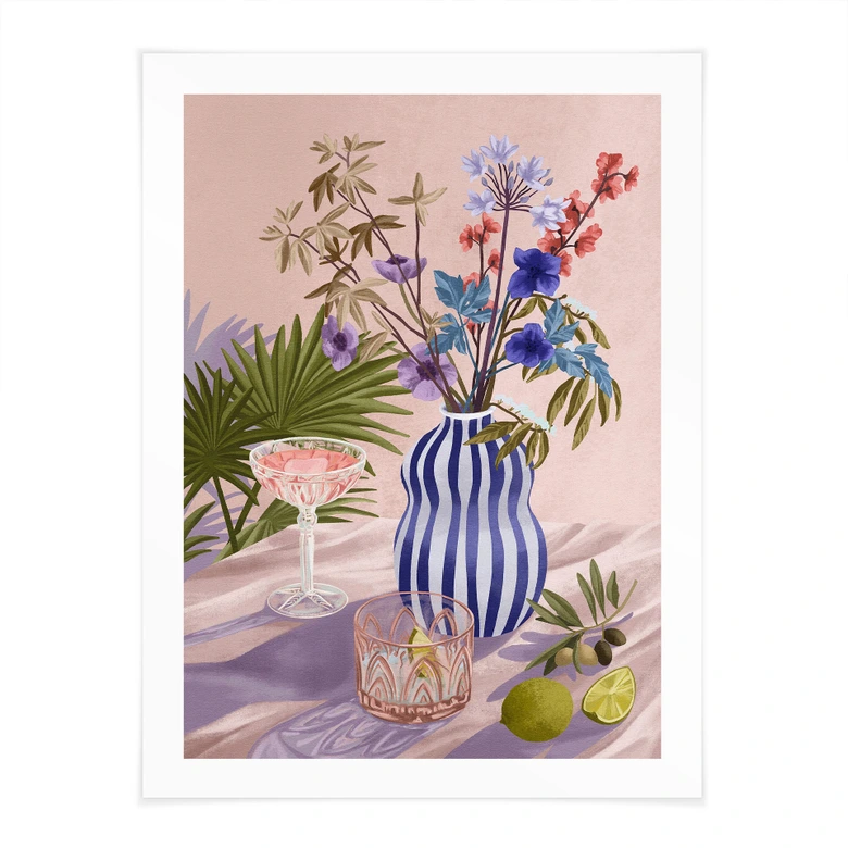 Poster Stillleben Sommerblumen und Cocktails - Goed Blauw 