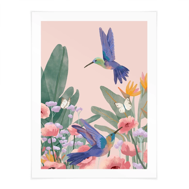 Poster Zwei Kolibris auf der bunten Blumenwiese - Goed Blauw 