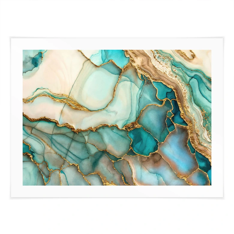 Poster Marmorierte Wellen in Türkis und Gold | Wandkunst für Wohnzimmer - Haase 