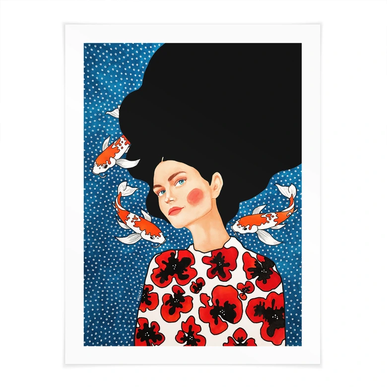 Poster Frau im Blütenkleid mit Kois - Hülya 