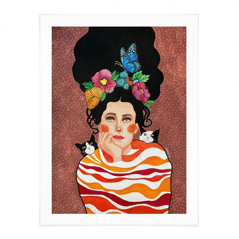 Poster Frau mit Blumenkrone und Katzen - Hülya 