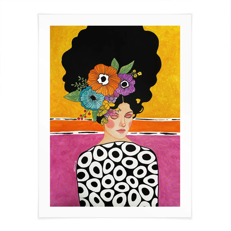 Poster Porträtmalerei - Frau mit bunter Blumenkrone - Hülya 