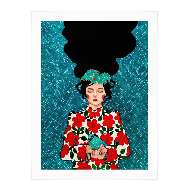 Póster mujer con pajarito en las manos - Hülya 