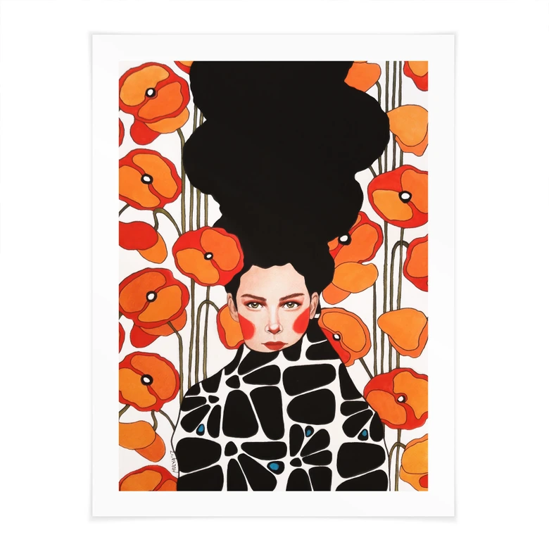 Poster Frau mit Retro-Mohnblumen | Porträtkunst für das Wohnzimmer - Hülya 
