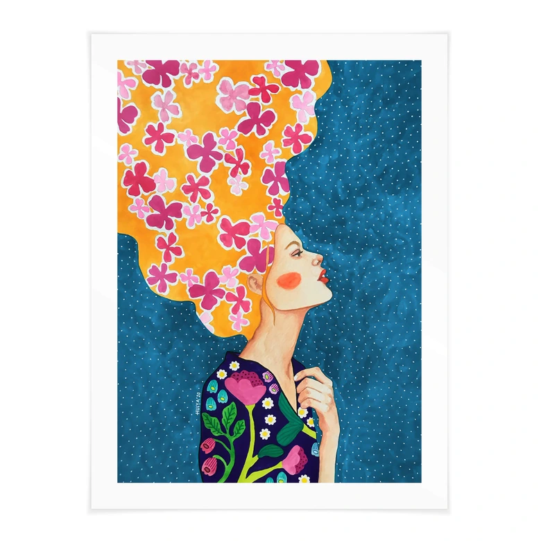 Poster Frau mit rosa Blüten im Haar - Hülya 