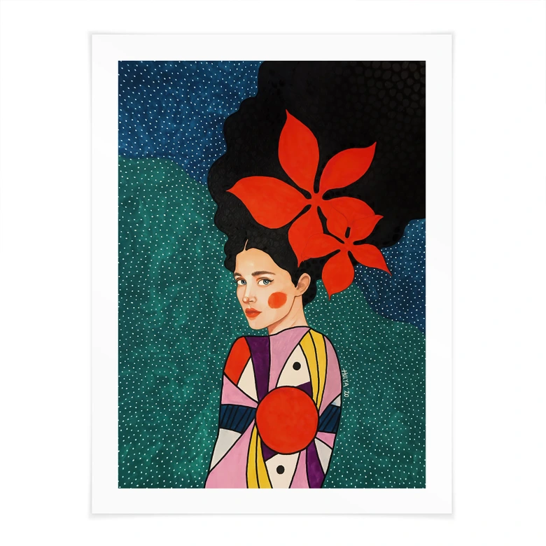 Poster Frau mit roten Blüten und Musterkleid - Hülya 