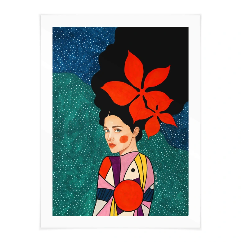 Poster Frau mit roten Blumen im Haar - Hülya 