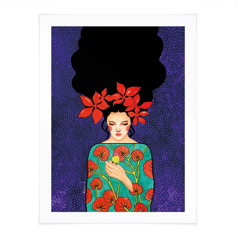 Poster Porträt - Frau mit roter Blütenkrone und Vogel - Hülya 