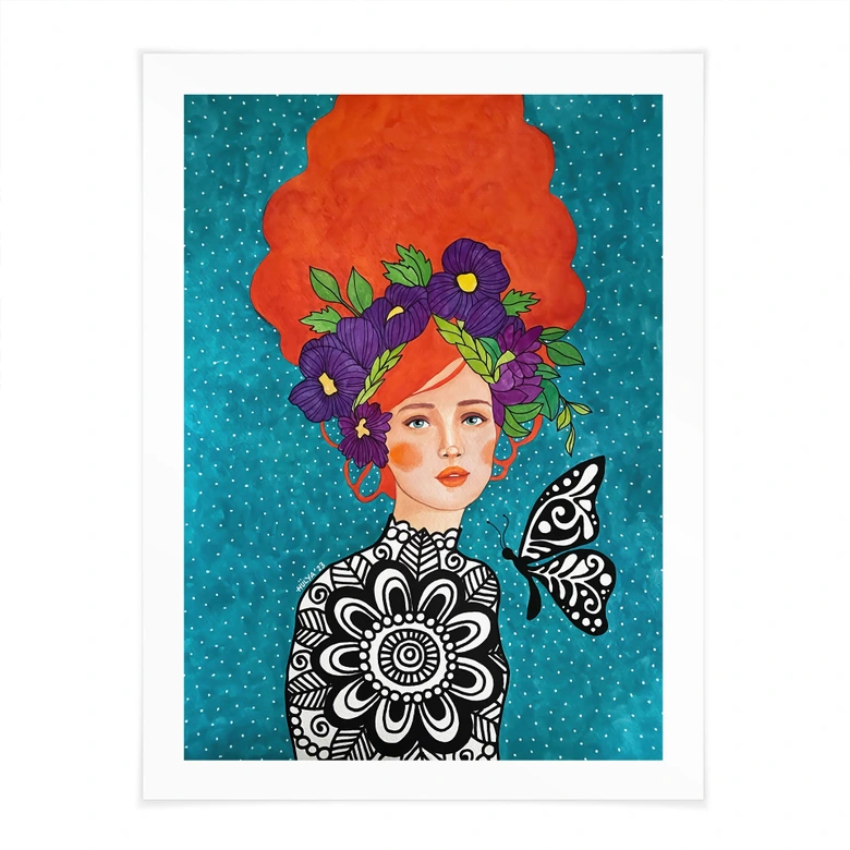 Poster Frauenporträt - Schmetterlingsfrau mit Blütenkranz - Hülya 