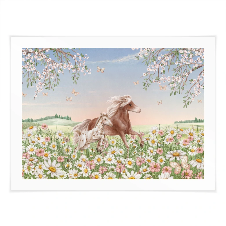 Heste i blomsterengen plakat - Kikki Belle 