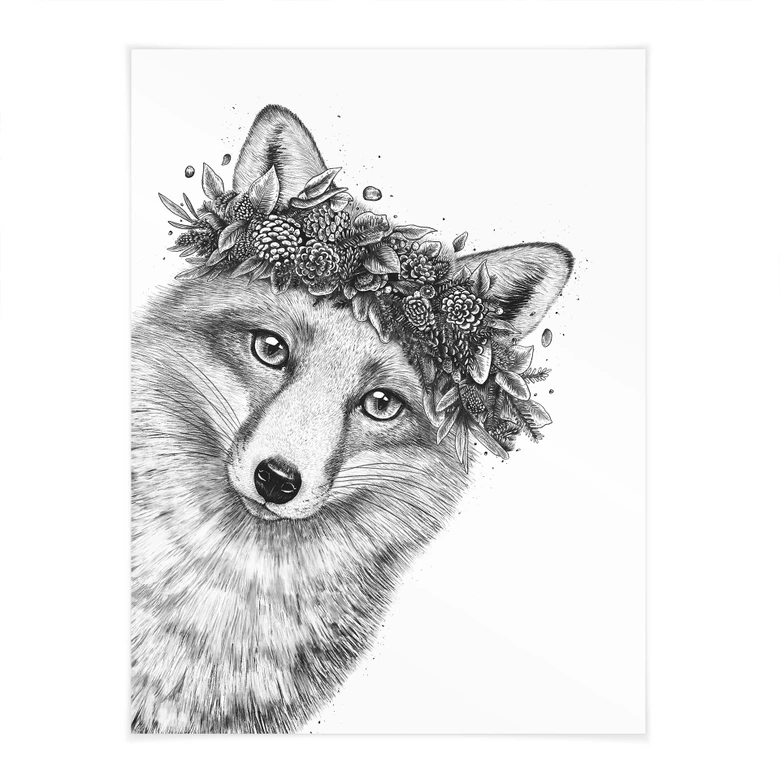 Póster Zorro blanco y negro con corona de flores - Korenkova 