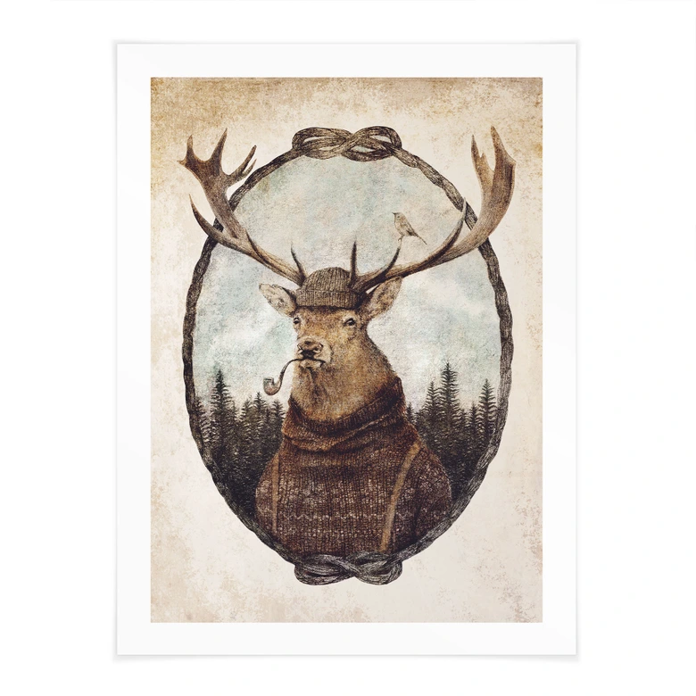 Plakat vintage hjort med pibe | dyreportræt til stuen - Koubou 