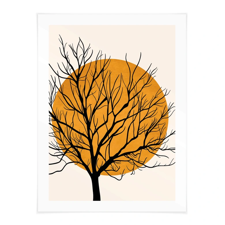 Poster Kubistika - Goldene Sonne hinter einem Baum 