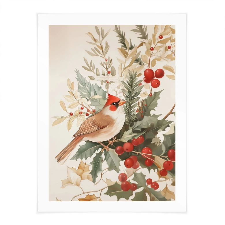 Poster Wintermotiv - Kardinalsvogel mit Beerenzweig - Melloi Art Prints 