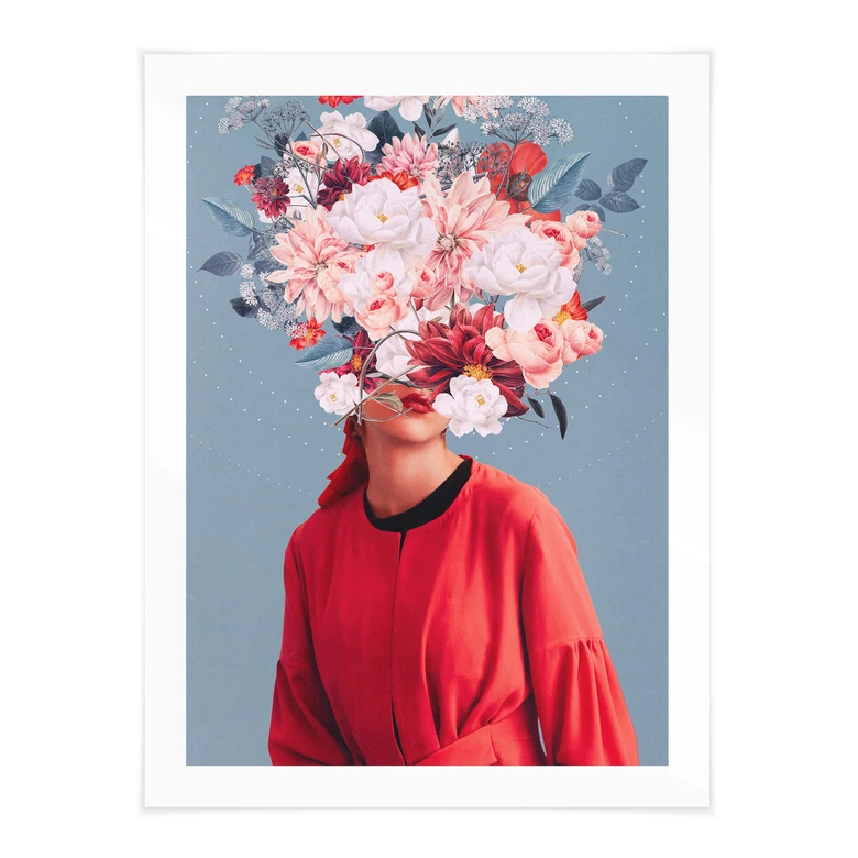 Plakat z portretem kwiatowym - Elegancka kobieta z okazałymi kwiatami - Ćma 